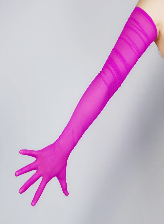 DooWay Women Fashion Super Long Tulle Gloves Touchscreen Rose Pink Ruched Shoulder Opera Evening Sheer Gloves - Image 5